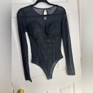Honeypot  long sleeve sheer black padded snap enclosure bodysuit | L
